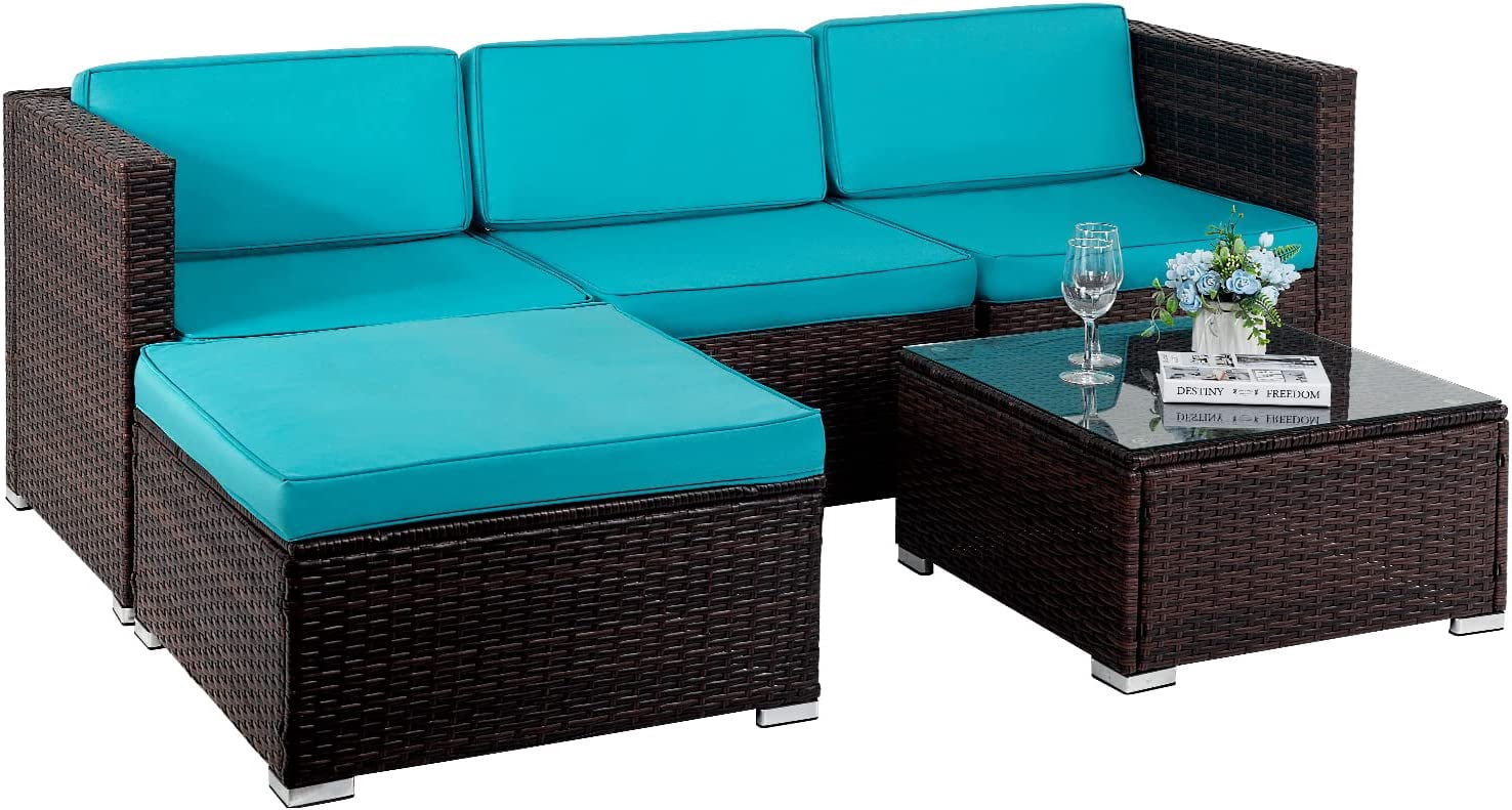 FDW 5-Piece Outdoor Patio Furniture Set, Rattan Wicker Sofa, Chairs & Table, Blue