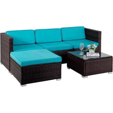 FDW Ensemble de Mobilier de Patio Extérieur 5 Pcs, Canapé en Rotin Osier, Chaises et Table, Bleu