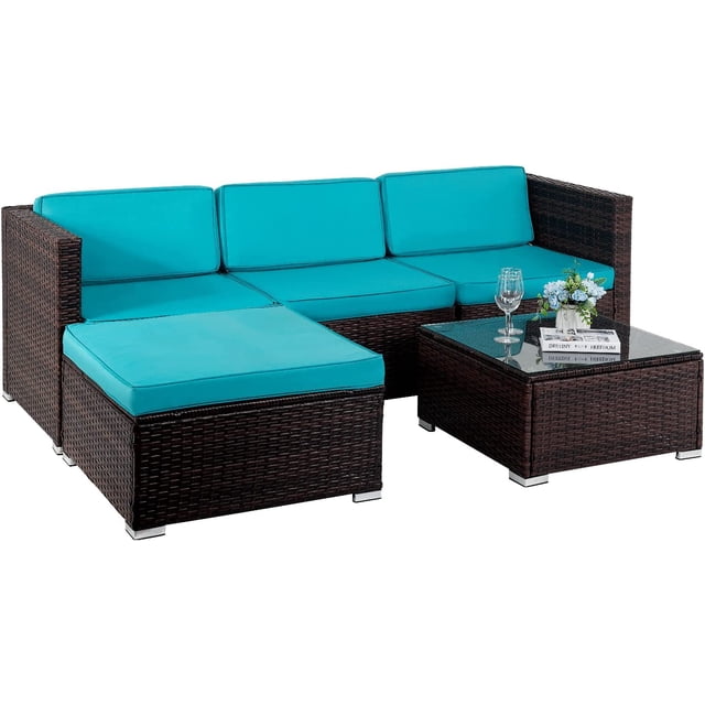 FDW 5-Piece Outdoor Patio Furniture Set, Rattan Wicker Sofa, Chairs & Table, Blue. This sectional set includes a rattan wicker sofa, matching chairs, and a coffee table with a glass top. The set features weather-resistant wicker construction and blue cushions for comfort. Ideal for backyards, porches, poolside, balconies, and gardens.