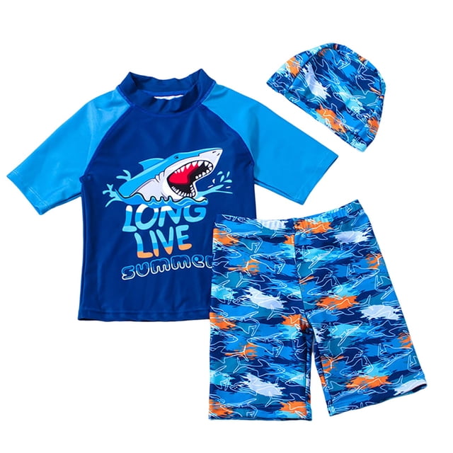 Akiihool Boy Rash Guard Long Sleeve Boys Two Piece Rash Guard and Swim Trunks Outfit Set Kids Short Sleeve Swimsuit (Blue,18-24 Months)