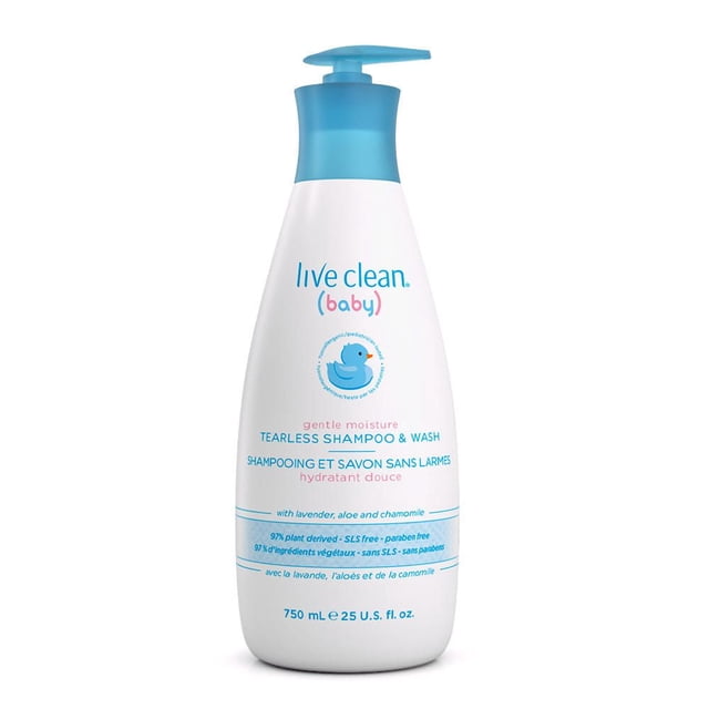 Live Clean Baby, Gentle Moisture Tearless Shampoo & Wash 750ml gentle, tear-free shampoo and wash in a single 750ml bottle with plant-derived formula, purified water and certified organic chamomile, lavender and aloe; mild cleanser, hypoallergenic and pediatrician tested.