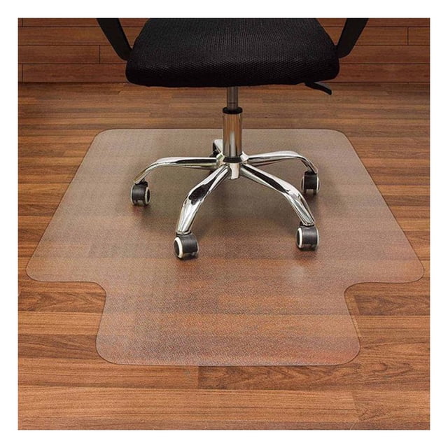 CNKOO Office Chair Mat for Carpet, a transparent PVC plastic mat with an extended lip, designed to protect carpeted floors from scratches and wear. The mat is shown under a rolling office chair on a wooden floor, offering smooth chair movement and floor protection. Suitable for home, office, or gaming setups.