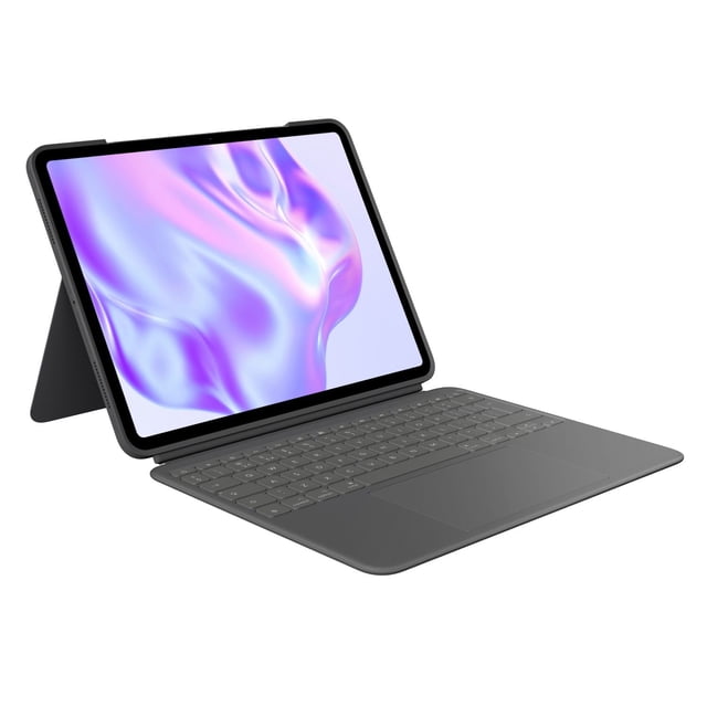 Logitech Combo Touch iPad Pro 13-inch (M4 & M5)(2024 & 2025) keyboard case in graphite, shown in a 3/4 profile view with detachable backlit keyboard and flexible kickstand supporting the iPad displaying a purple and blue abstract wallpaper, featuring a large multi-touch trackpad and slim, lightweight protective case suitable for typing, sketching, and video calls.
