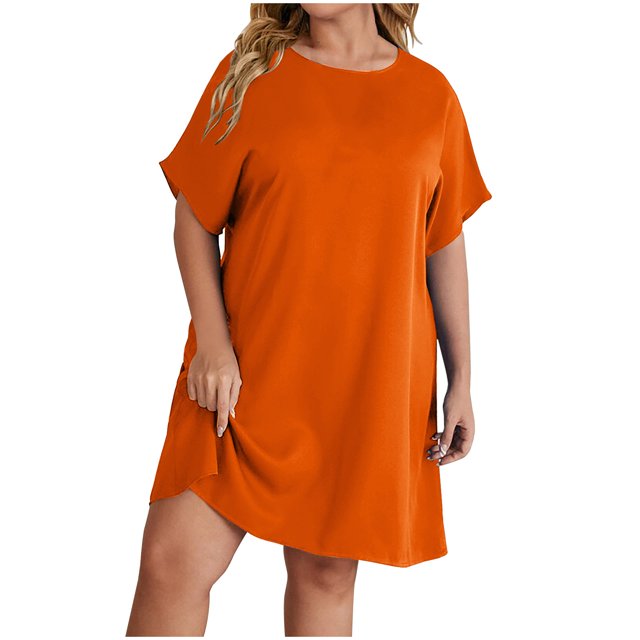 Ersazi Hauts Habillés pour Femmes Grande Taille Femmes Ample à Col Rond Été Manches Courtes Robe en Coton et Lin en Liquidation Orange TG