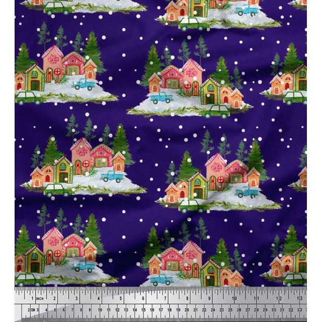 Soimoi Silk Fabric House,Snowfall & Tree Nature Print Fabric by Yard 42 Inch Wide