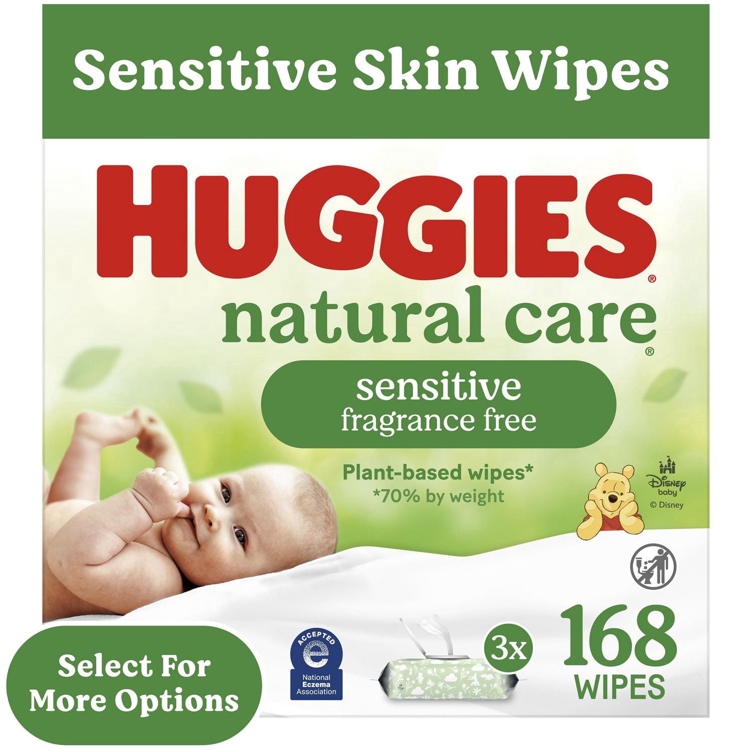 Baby Wipes, Huggies Natural Care Sensitive, UNSCENTED, 3 Flip Top Packs, 168 Wipes