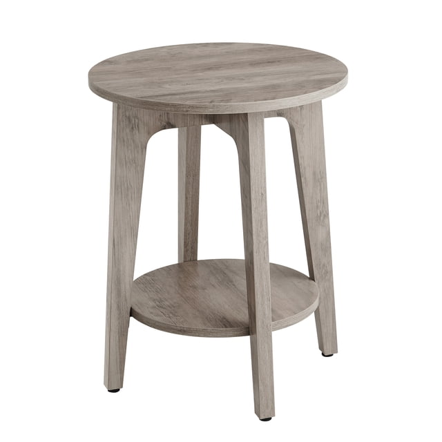 VASAGLE Round Side Table with Lower Shelf End Table for Small Spaces Nightstand Living Room Greige A centered, front-facing compact round side table (15.8" dia x 19.7" H) in greige particleboard with angled thick legs and a lower shelf for books or decor; a compact bedside table often used as a plant stand.