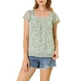 thumbnail image 1 of INSPIRE CHIC Blouse Fleurie pour Femme Été Décontractée Col Carré Chiffon Manches Courtes Chemises à Volants TP Vert, 1 of 1