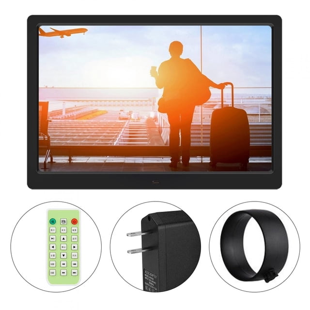TOPINCN Electronic Digital Photo Frame, 14-inch 16:9 HD wide screen with 1280x800 resolution. Features a black plastic frame, built-in electronic clock and calendar, and supports multiple media formats including memory cards and USB drives up to 32GB. Includes a remote control, power adapter, and bracket. Suitable for displaying photos, videos, and playing music. Shown with a travel-themed image on the screen and accessories displayed below.