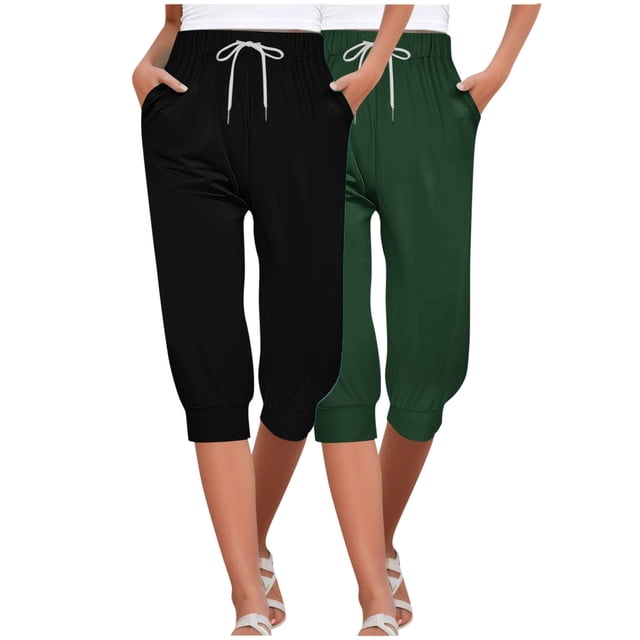 Timegard 2pc Capri Pants for Women Elastic High Waisted Drawstring Comfy Casual Crop Pants with Pockets