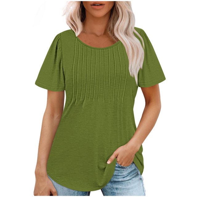 Penkiiy T-Shirts pour Femmes à Manches Courtes Plissés Chic Décontracté Col Rond Hauts d'Été Chemisiers L Vert Armée
