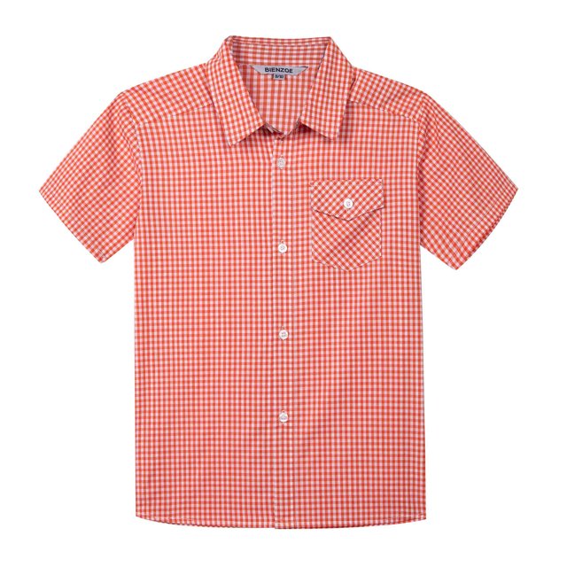 Bienzoe Boy's Cotton Plaid Button Down Short Sleeve Shirt Orange/White 7/8
