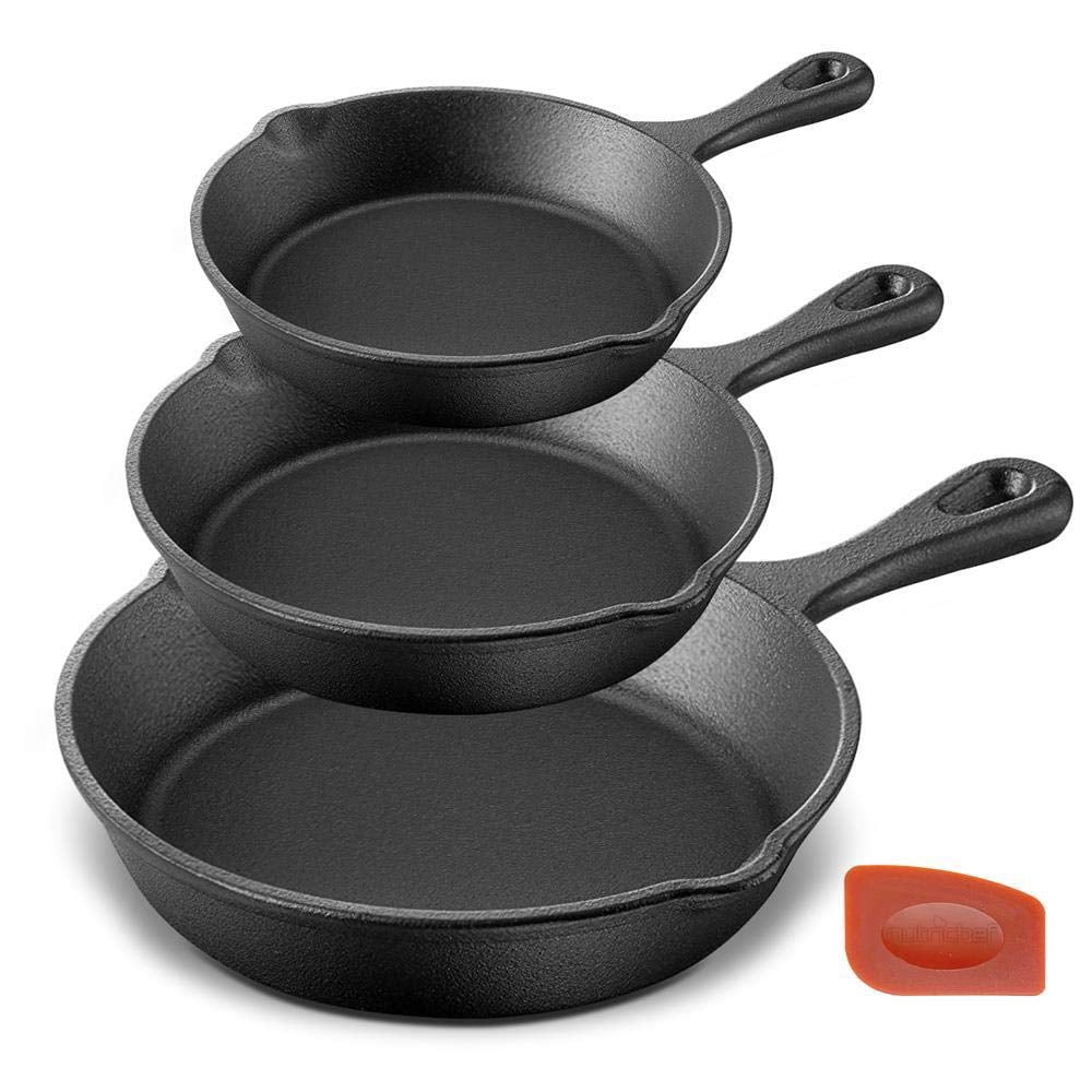 NutriChef Pre-Seasoned Cast Iron Skillets - 3 Pieces Cast Iron Cookware Set w/Drip Spout and Scraper - Compatible with Induction, Electric Stovetop, Gas, & Ceramic - NCCI76