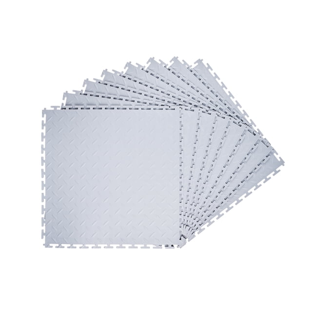 KFFKFF Garage Floor Tiles Interlocking, 8 Pack 20.2 x 20.2 x 0.2 in Interlocking Modular Garage Flooring Tiles, Diamond Plate Slip-Resistant PVC Mats, Silver