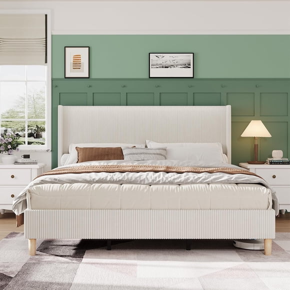 Eastvita King Size Bed Frame with Wingback Headboard - No Box Spring Needed/Solid Wooden Slats/Noise-Free (Beige)