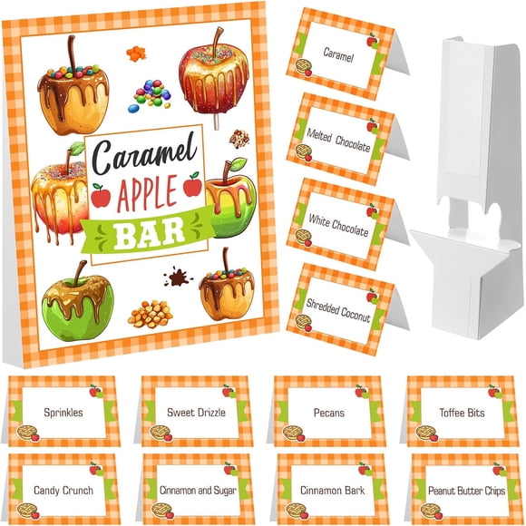 14 Pcs Caramel Apple Dipping Bar Station Decorating Set for DIY Candy Apple Corners Fall Dessert Table Sign with Stand and Cards for Fall Autumn Halloween Thanksgiving Table Decorations