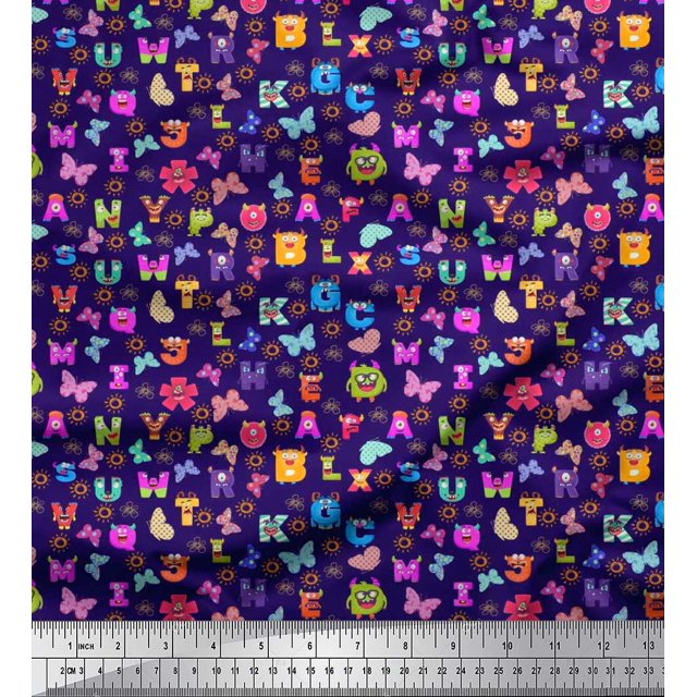 Soimoi Blue Poly Georgette Fabric Insect,Sun & Cartoon Alphabets Text Decor Fabric Printed BTY 52 Inch Wide