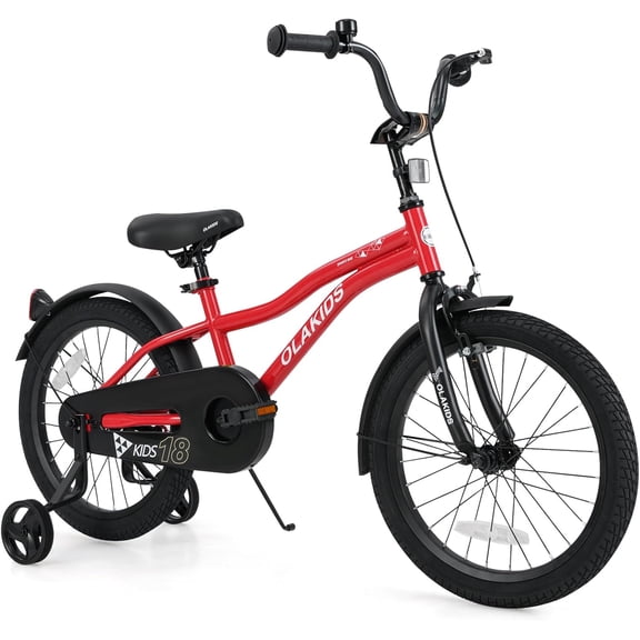 OLAKIDS Kids Bike, 18 Inch Toddlers Bike with Training Wheels Safety Bell Adjustable Seat and Handlebar, Handbrake and Coaster Brake, Children's Bicycle for Boys Girls