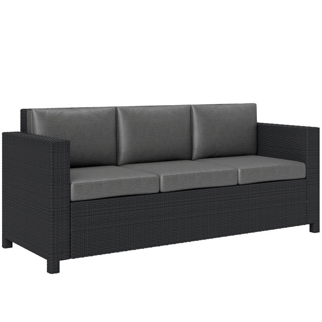 Outsunny Canapé en Rotin Osier 3 Places pour Patio avec Coussin, Gris. Vue Frontale d'Un Canapé Extérieur Gris avec un Cadre en Rotin PE durable et des Coussins Rembourrés pour le Confort. Convient aux Sièges de Patio Ou à l'Usage Intérieur, Convient à Trois Personnes. Housses de Coussin Lavables avec Fermetures Éclair No 5 Assurent un Nettoyage Facile.