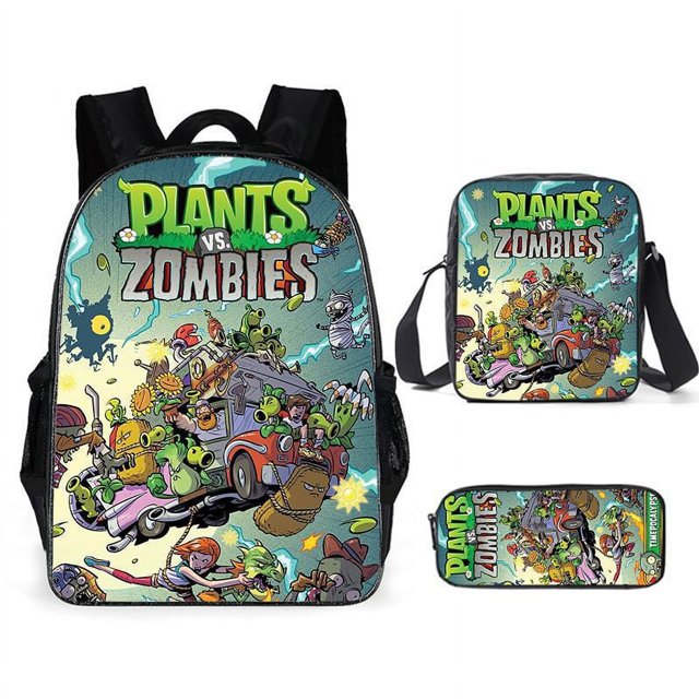 Plants Vs. Zombies backpack set with a colorful anime cartoon design, ideal for primary school students. Includes a backpack with adjustable shoulder straps, a pencil bag, and a small satchel, all featuring characters and scenes from the Plants Vs. Zombies franchise. Perfect for carrying school supplies or casual use.