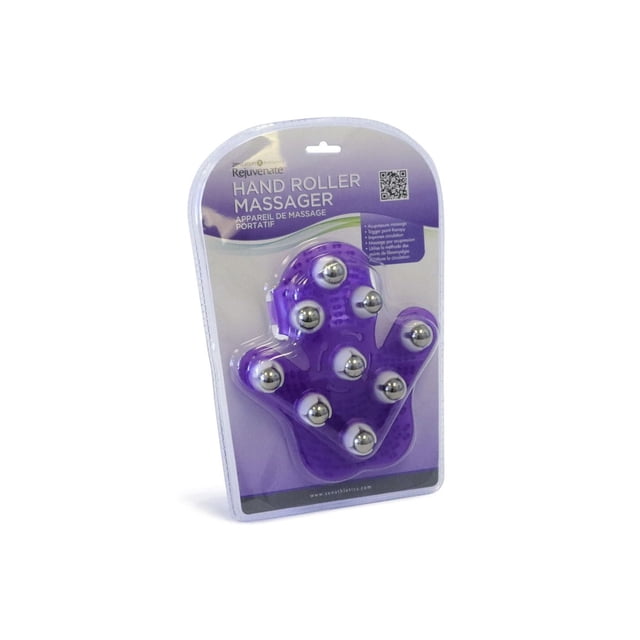 Zenzation Hand Massager with Metal Balls in purple, hand-shaped with nine silver steel balls on flexible material, designed for acupressure massage and trigger point therapy to improve circulation and relieve stress, shown in retail packaging with bilingual text.