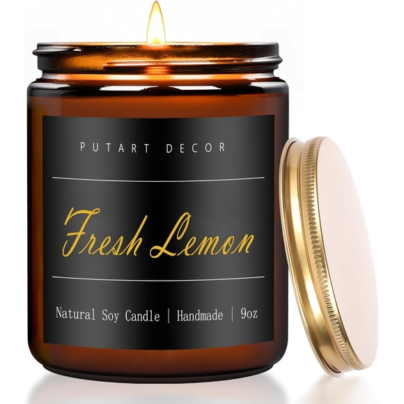 Putart Fresh Lemon Candles for Home Scented, Natural Soy Aromatherapy Non Toxic Candles with Long Lasting Fragrance & Clean Burn, Luxury Jar Candle Gift for Women, Men, Home Decoration 9oz