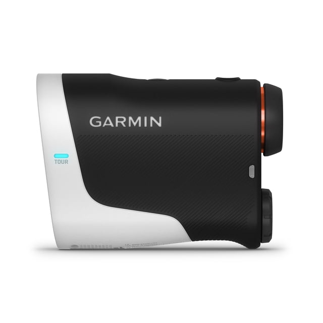 GARMIN APPROACH® EN golf laser range finder in side profile with black textured grip and white body, displaying the Garmin logo, blue illuminated 'TOUR' mode indicator, and orange eyepiece ring, offering up to 400 yards distance measurement with range relay to compatible Garmin devices, ideal for precise golf pin targeting and elevation-adjusted yardages.