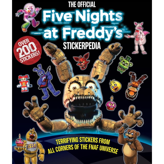 Cinq Nuits chez Freddy's Stickerpedia Livre de Collection d'Autocollants à Couverture Brochée Mettant en Vedette un Grand Lapin Animatronique Terrifiant aux Dents Tranchantes au Centre, Entouré de Plus de 200 Autocollants Colorés de Personnages Animatroniques de l'Univers FNAF sur Fond Noir, Incluant des trivia et des Plans de la Série de Jeux d'Horreur.