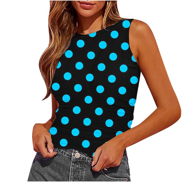 Plebaso Débardeurs d'Été pour Femmes Slim Imprimé Sans Manches Col Rond Tee-Shirts Froncés Blouses Décontractées pour Femmes