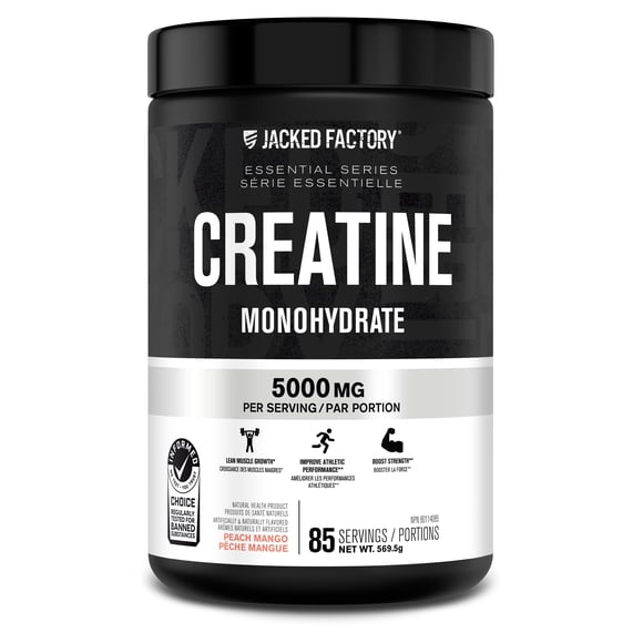 Jacked Factory Creatine Monohydrate Powder 570g - Canadian-Owned Informed Choice Certified Supplement for Increased Muscle Mass*, Improved Strength, Power, & Performance** - 85 Servings, Peach Mango