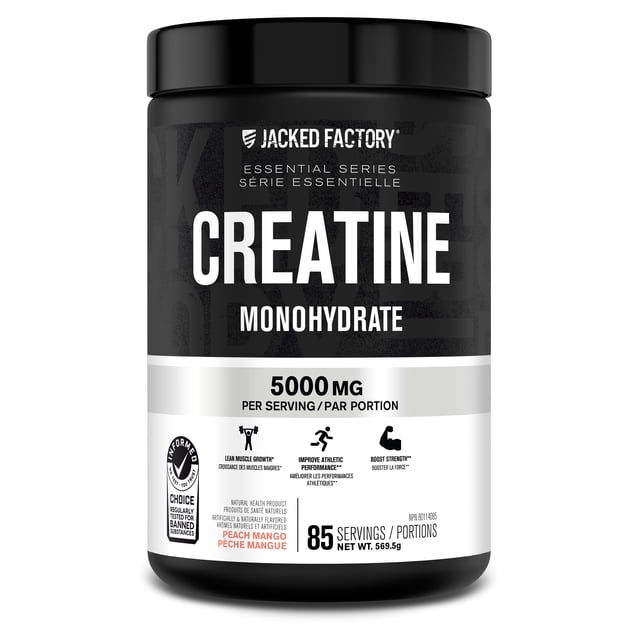 Jacked Factory Creatine Monohydrate Powder 570g - Canadian-Owned Informed Choice Certified Supplement for Increased Muscle Mass*, Improved Strength, Power, & Performance** - 85 Servings, Peach Mango front-facing black tub with orange-peach label and Jacked Factory logo, 'Creatine Monohydrate' and '570 g / 85 servings' text visible on label; studio white background, often mixed into shakes or sports drinks.