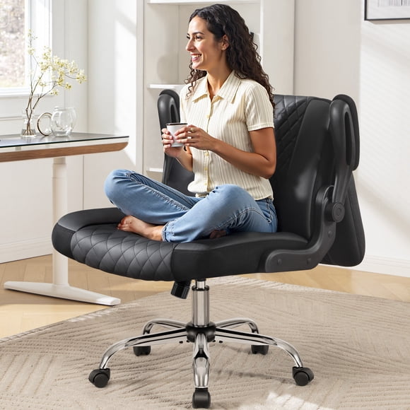 COOLHUT Criss Cross Office Chair with Flip Padded Backrest, Comfy PU Leather Cross Legged Desk Chair, Flip-Up Arms & Extra-Wide Seat for Home Office, Vanity Chair, Black