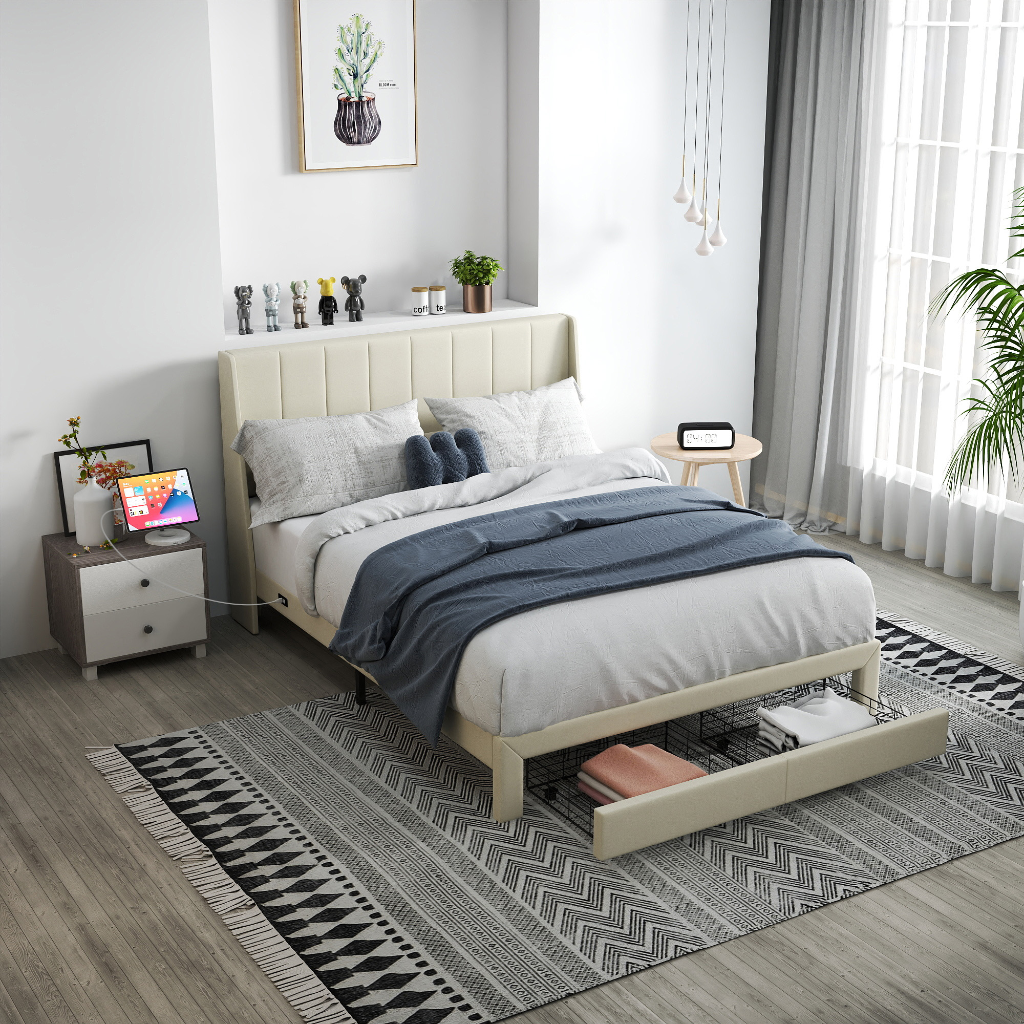 Ensemble cadre de lit queen et table de chevet pliante Homy Casa pour chambre et appartement