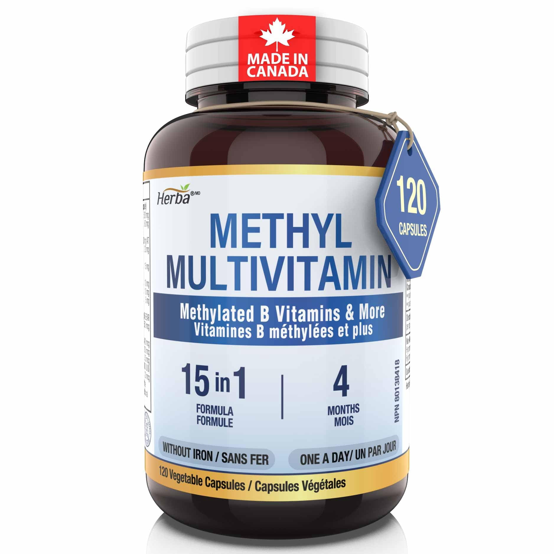 Herba Methylated Multivitamin with 500mg TMG & Methylated B Complex - 120 Capsules | 15 in 1 Formula | Made in Canada