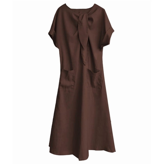 Robe Maxi Évasée Élégante pour Femme à Manches Courtes avec Ruban et Poche, Coupe Ample Décontractée, Robe d'Été Marron TG