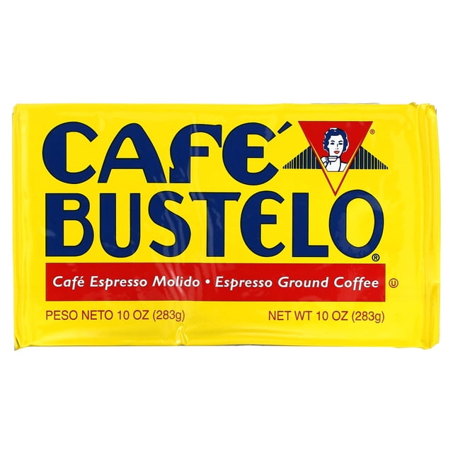 Café Bustelo, Espresso Ground Coffee, 1 Brick, 10 oz (283 g) vacuum-packed in a bright yellow wrapper with bold blue branding and red accents. Made from 100% pure coffee beans, this espresso coffee offers a robust flavor and captivating aroma. Suitable for drip brewing, espressos, cappuccinos, or iced coffee.