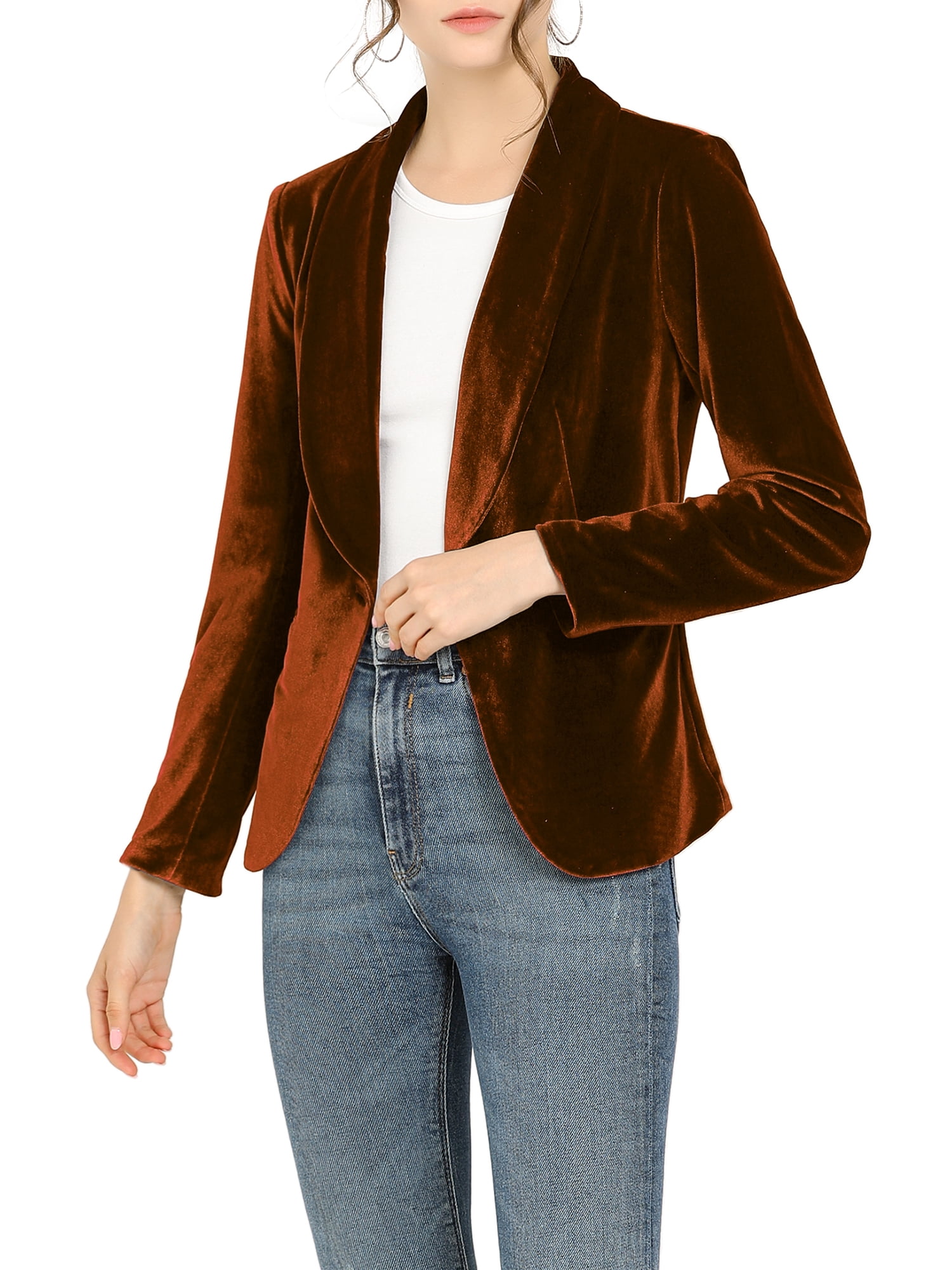 INSPIRE CHIC Women's Halloween Velvet Blazer Solid Color Shawl Collar One Button Wear-to-Work Suit Jacket Brown L