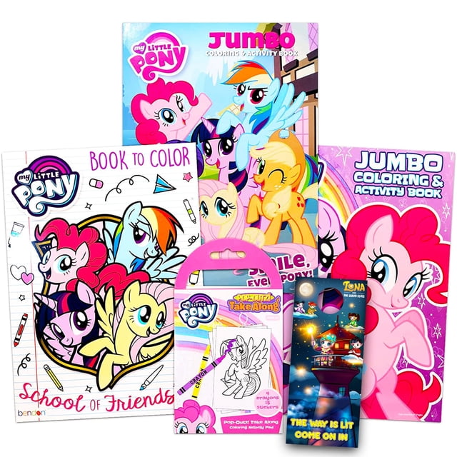 My Little Pony Coloring Book Super Set featuring a bundle of 4 books with games, puzzles, stickers, and coloring activities. Includes a gigantic coloring book (192 pages), a jumbo coloring and activity book (80 pages), a standard coloring book (32 pages), and a mini coloring pad with 12 stickers. The books showcase popular My Little Pony characters like Rainbow Dash, Fluttershy, Pinkie Pie, and Twilight Sparkle. Ideal for kids' arts and crafts, party supplies, or as a gift for My Little Pony fans.