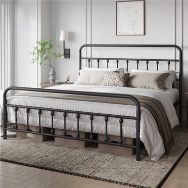 Yaheetech Metal Platform Bed Frame with High Headboard and Footboard, King, Black
