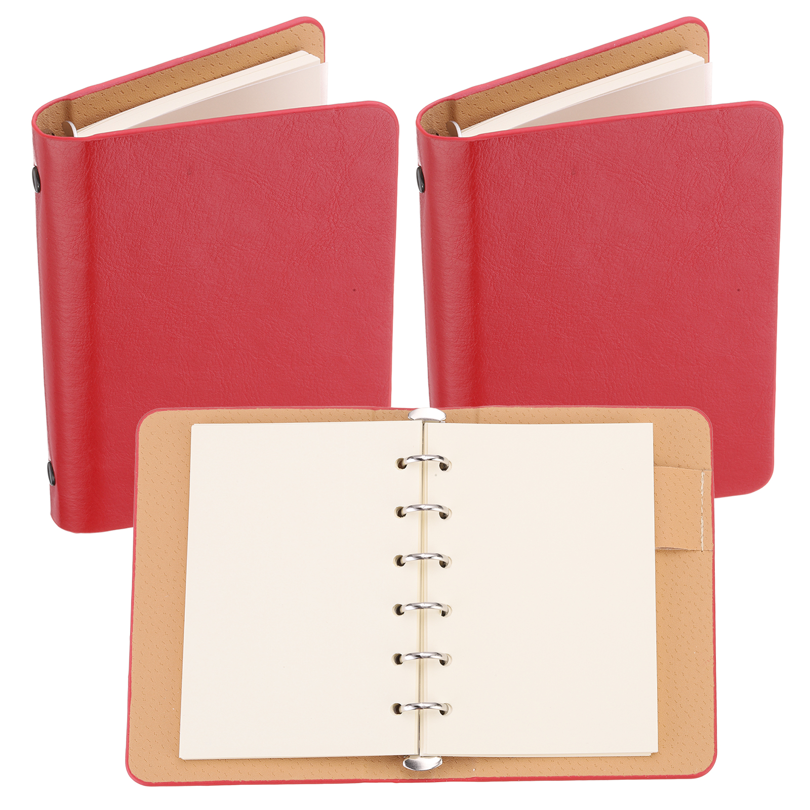 REGALWOVEN 6 Ring Binder Cover, 2 Pack A7 Leather Notebook Binder Loose Leaf Planner with 100 Sheets Paper, Red