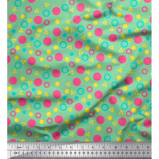 Soimoi Japan Crepe Satin Fabric Circle,Dot & Triangle Geometric Decor Fabric Printed Yard 42 Inch Wide