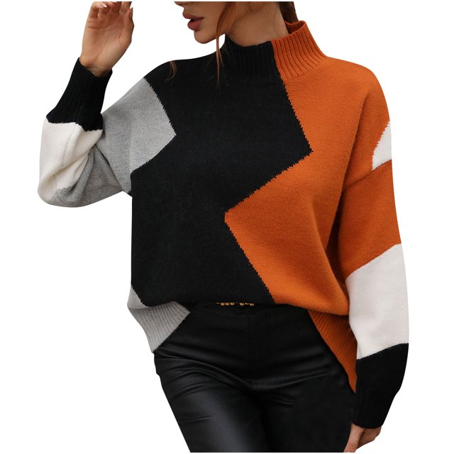 IROINID Chandail à Col Rond pour Femmes, Bloc de Couleur, Loisirs, Mi-Longueur, Manches Longues, Hauts Assortis, Blouse Tricotée