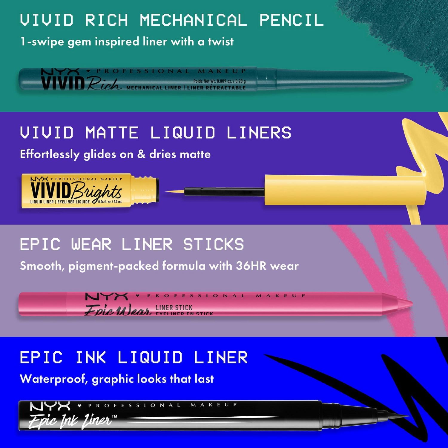 NYX PROFESSIONAL MAKEUP, Liner rétractable Vivid Rich, Crayon pour les yeux, Nuances riches, Formule végane