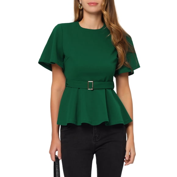 INSPIRE CHIC Women's Peplum Blouse Round Neck Bell Sleeve Belted Waist Office Blouse L Green