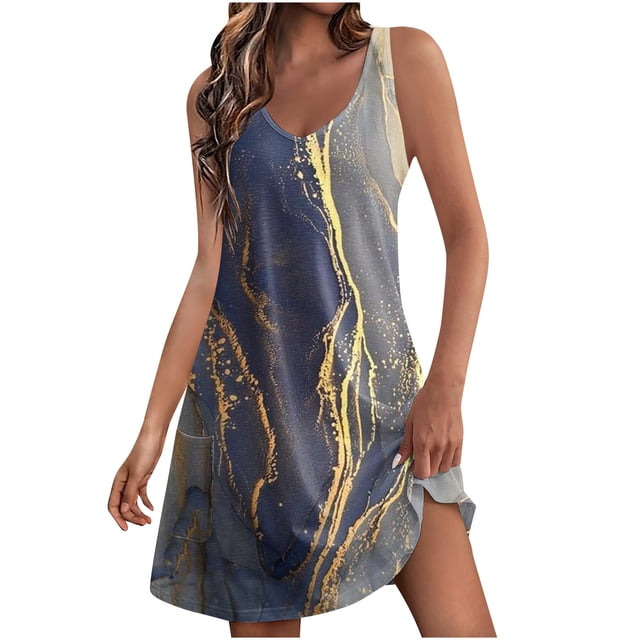 Pisexur Robes d'Été pour Femmes Boho Robe de Plage Florale Col en V Sans Manches Mini Robes Décontractées Fluides Robe Débardeur pour Vacances à la Plage avec Poches