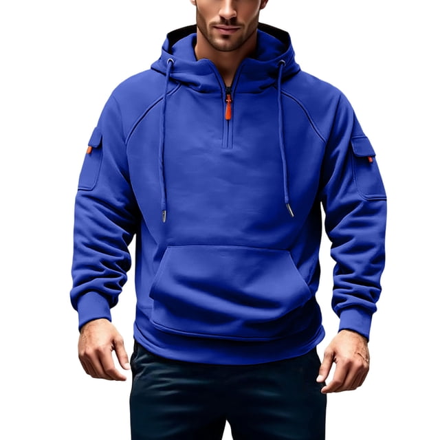Lyrcatrment Mens Fleece Heavyweight Hoodies 1/4 Zip Drawstring Outdoor Sweatshirts with Multi Pockets
