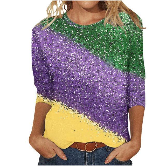 Penkiiy 2024 Blouse Mardi Gras Tops pour Femmes T-Shirt Quotidien Manches 3/4 Blouse Imprimé Masque Haut Carnaval Col Rond Chemise Décontractée S Multicolore