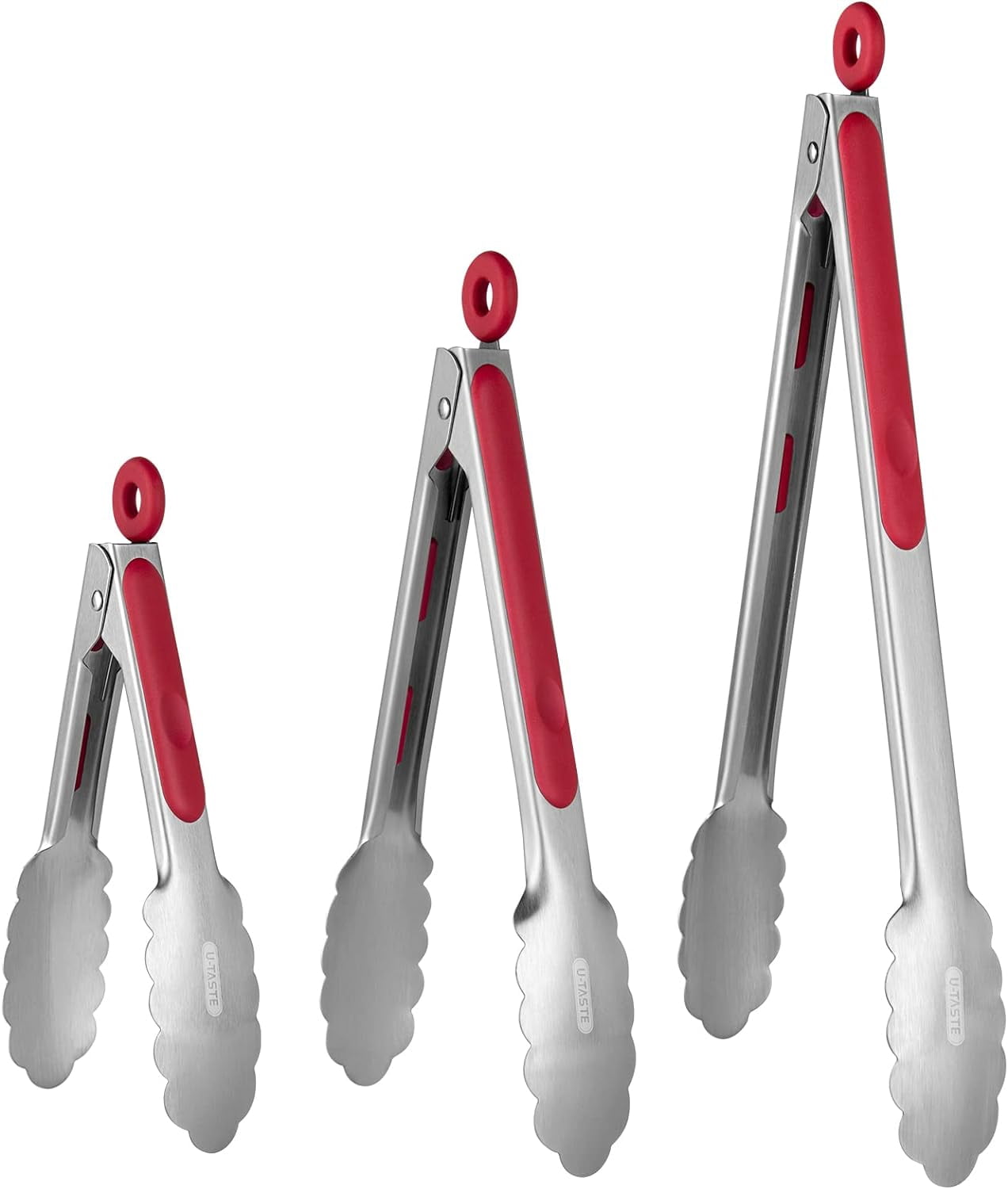 Pinces de Cuisine en Acier Inoxydable 18/8: U-Taste 7+9+12 Pouces, Pince de Cuisson Résistante à la Chaleur avec Pointes Métalliques Robustes et Poignée en Silicone Antidérapante et Verrouillage Fluide pour Servir un BBQ (Ensemble de 3, Rouge)