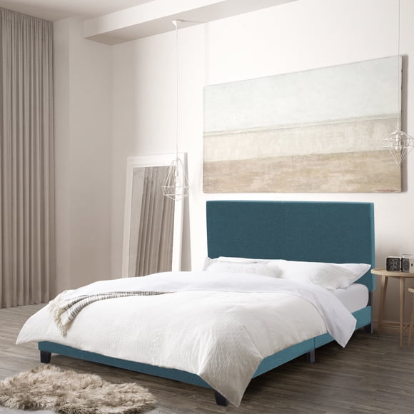 CorLiving Juniper Fabric Upholstered Adult Queen Platform Bed Frame with Padded Headboard and Slats, No Box Spring Required, Blue