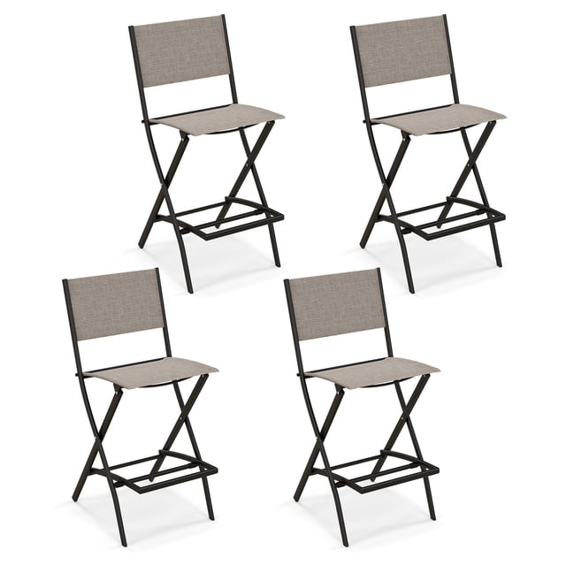 Topbuy Tabourets de Bar Pliants d'Extérieur - Ensemble de 4, Café. Cet Ensemble Comprend Quatre Tabourets de Bar Pliants avec un Siège et un Dossier en Tissu Respirant Couleur Café, Soutenus par un Cadre Métallique Robuste et Antirouille. Chaque Tabouret Comprend un Repose-Pieds Pliant pour Plus de Confort et des Patins Antidérapants pour la Stabilité. Conçus pour l'Utilisation Extérieure, les Matériaux Résistants aux Intempéries et à Séchage Rapide Assurent la Durabilité. les Tabourets Sont Légers, Pliables et Faciles à Ranger, avec des dimensions Dépliées de 18 x 22,5 x 40 Pouces et une Hauteur de Siège de 28 Pouces